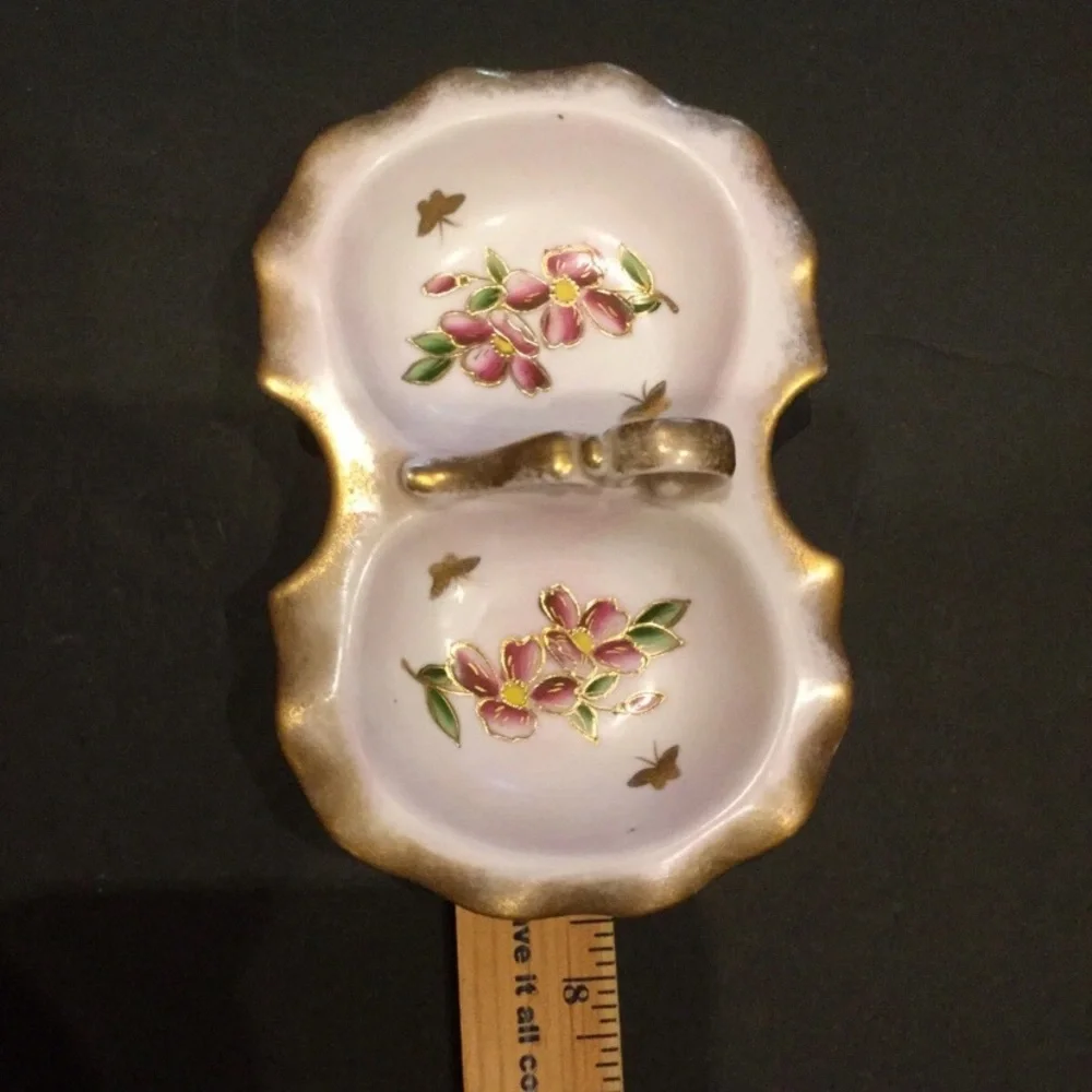 VINTAGE Hand Painted Porcelain Divided Serving Dish with Handle Nut Candy Dish